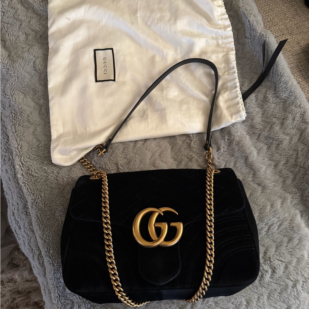Gucci Black Velvet Shoulder Bag with Gold Double G Chain